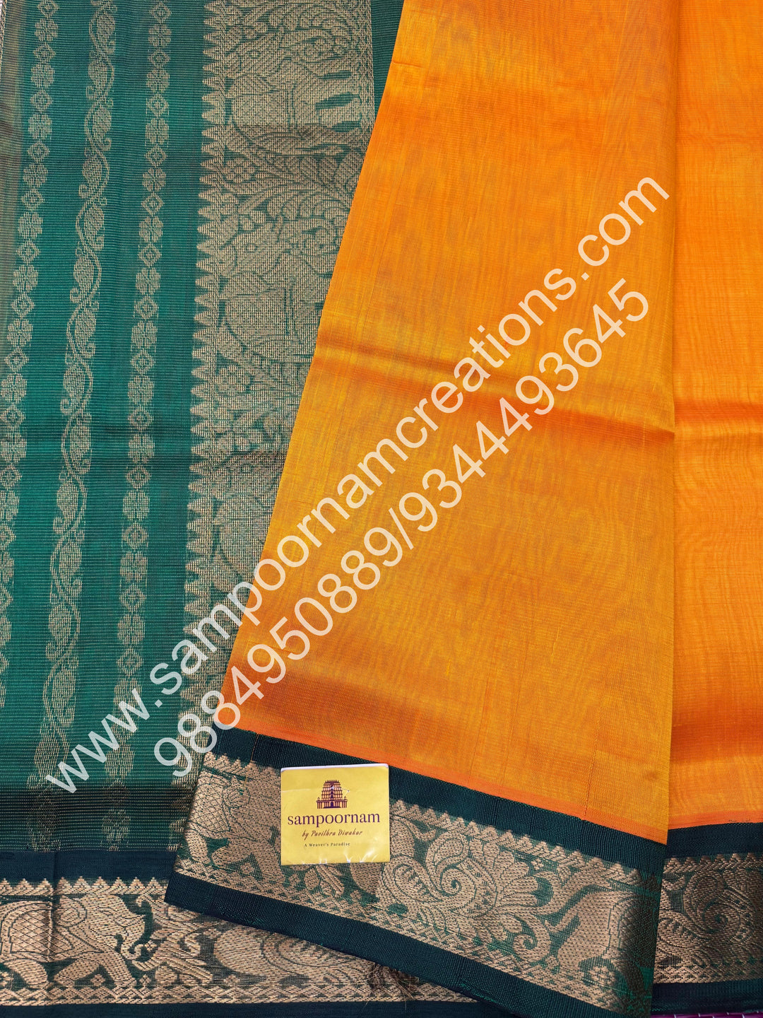 Mambazha Manjal with Green , Vairaoosi Zari Lines in the body , Traditional borders and rich Pallu Korvai Silk Cotton