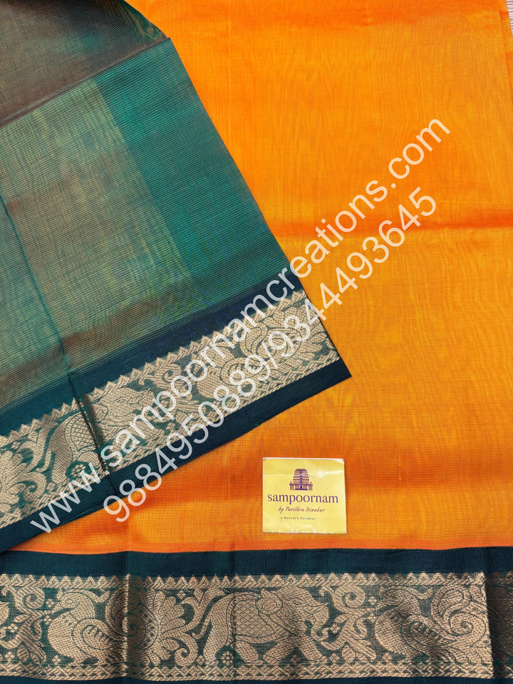Mambazha Manjal with Green , Vairaoosi Zari Lines in the body , Traditional borders and rich Pallu Korvai Silk Cotton