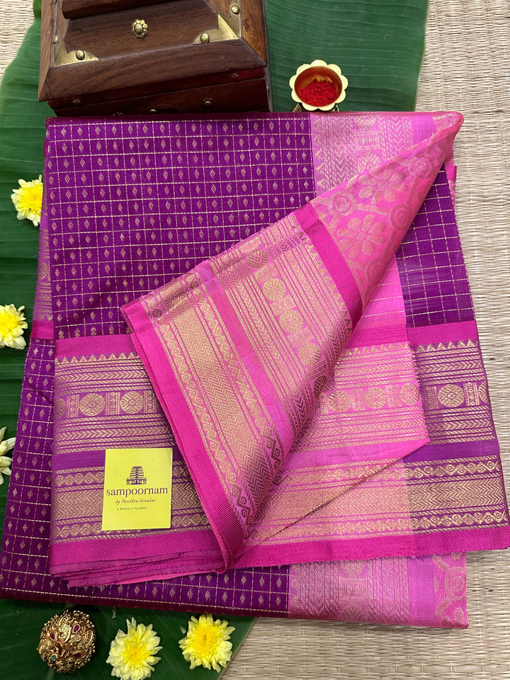 Purple with Baby Pink Zari Lakshadeepam Silk Cotton Saree