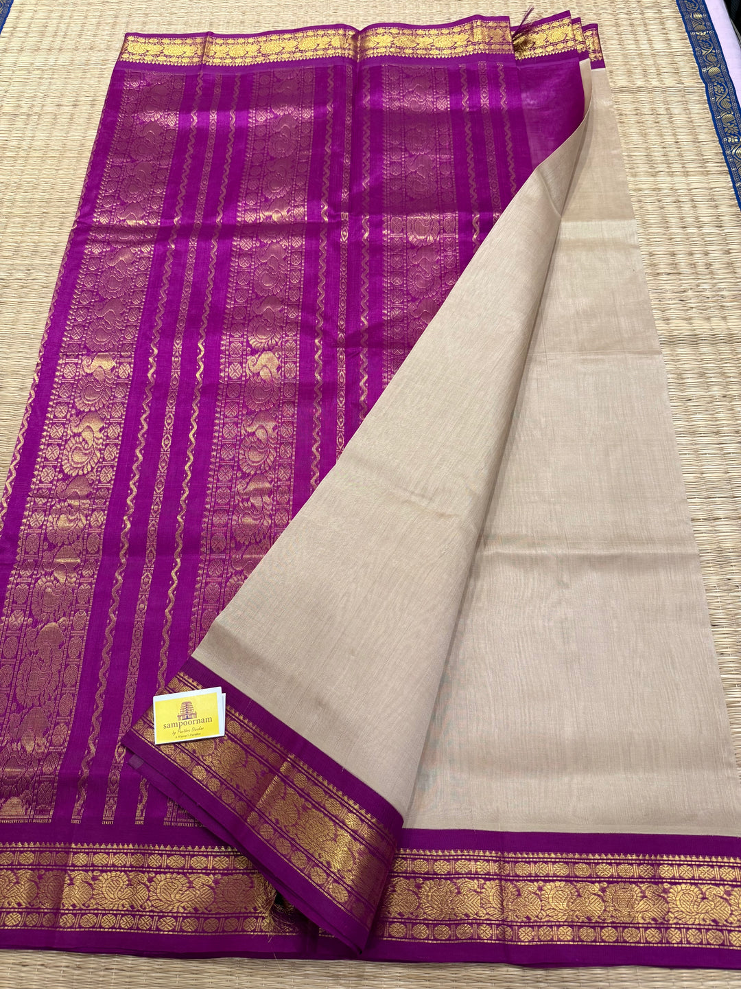 Beige with Magenta Traditional Borders and Rich Pallu , Korvai Silk Cotton Saree