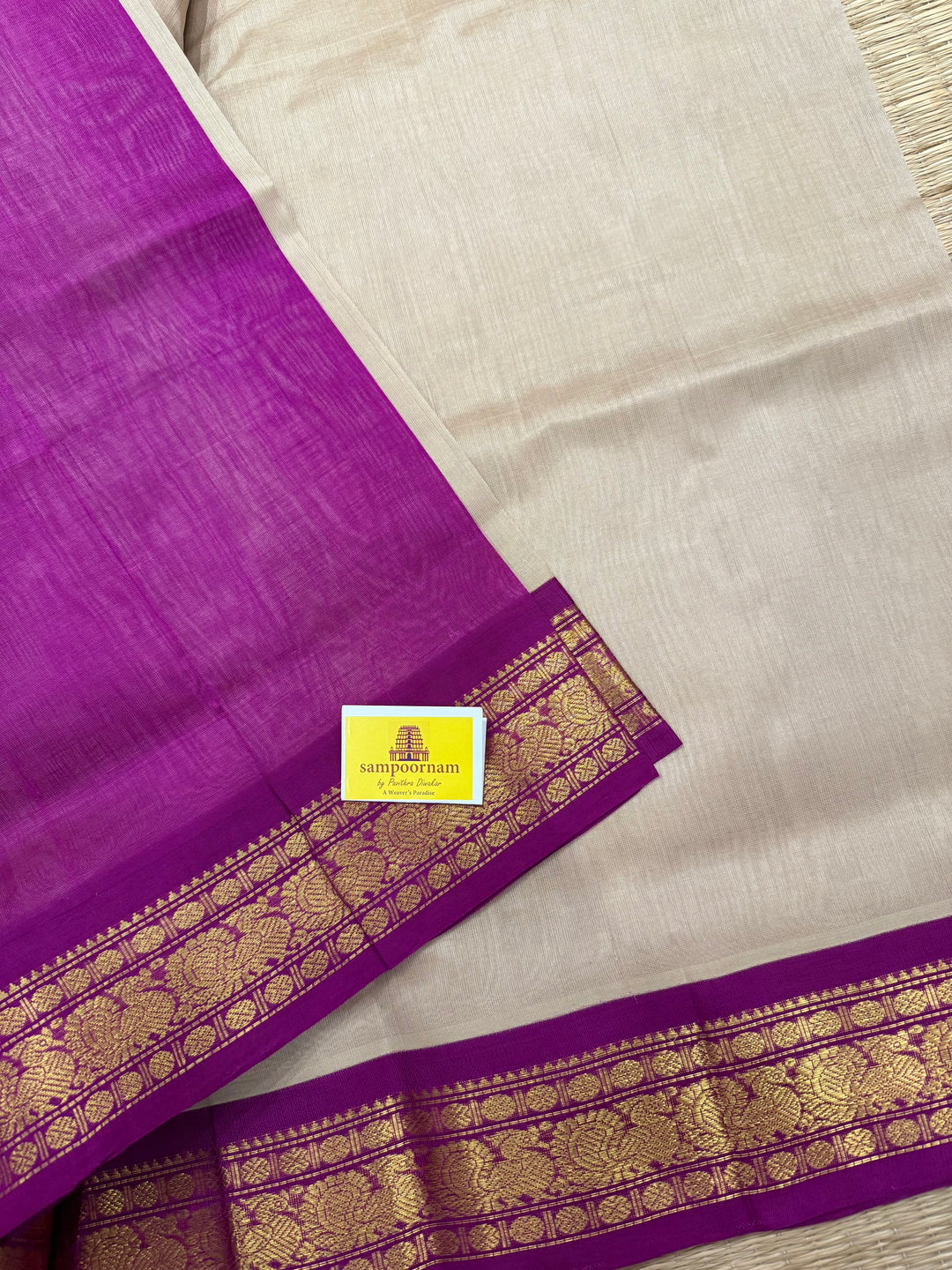 Beige with Magenta Traditional Borders and Rich Pallu , Korvai Silk Cotton Saree