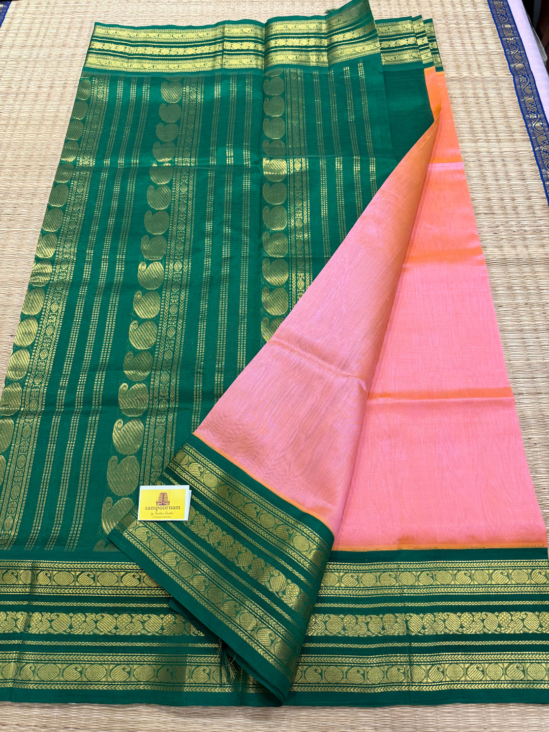 Pink with Green , rich Kanchi borders and grand  Pallu Korvai Silk Cotton Saree