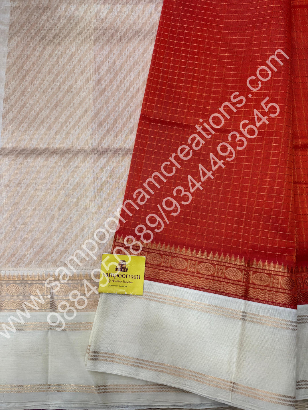 Rust Orange with Cream  , Zari checks in the body and rettapet border, rich Pallu Korvai  Silk Cotton Saree