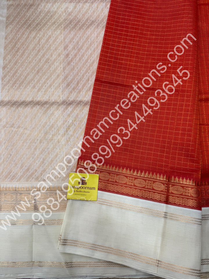 Rust Orange with Cream  , Zari checks in the body and rettapet border, rich Pallu Korvai  Silk Cotton Saree