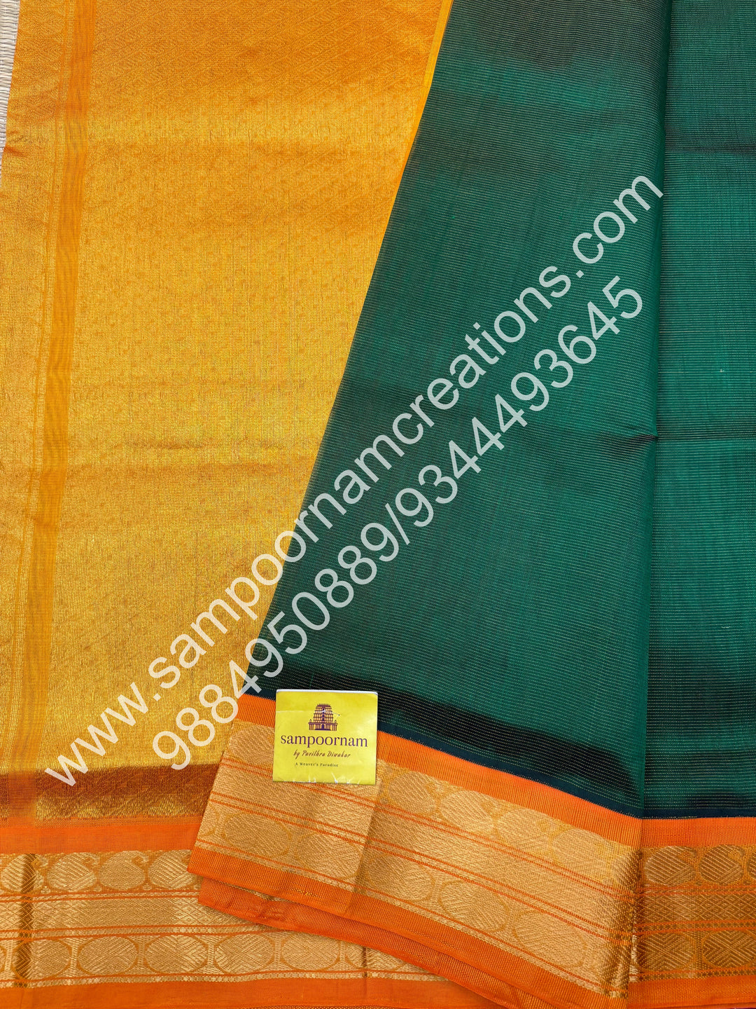 Dark Green with Manjal , Vairaoosi Zari Lines in the body , Traditional borders and rich Pallu Korvai Silk Cotton
