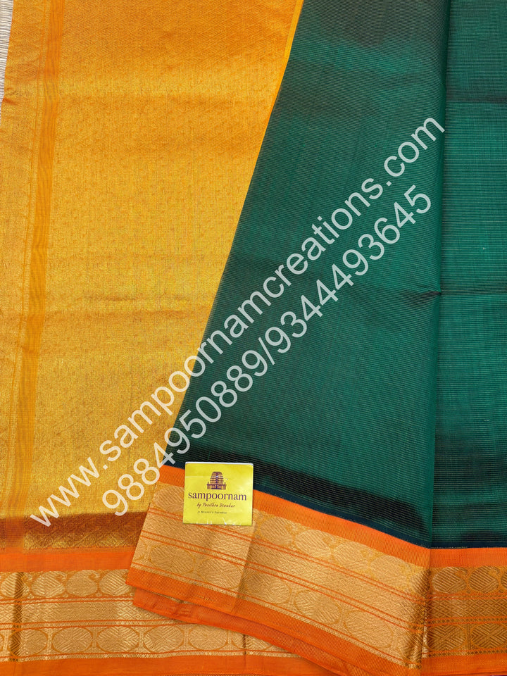 Dark Green with Manjal , Vairaoosi Zari Lines in the body , Traditional borders and rich Pallu Korvai Silk Cotton