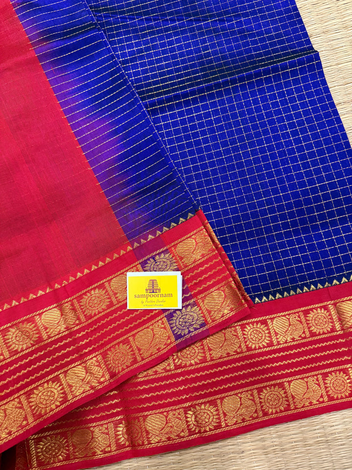 Blue with Red, rich Zari checks in the body ,rettapet border and grand Korvai Silk Cotton Saree