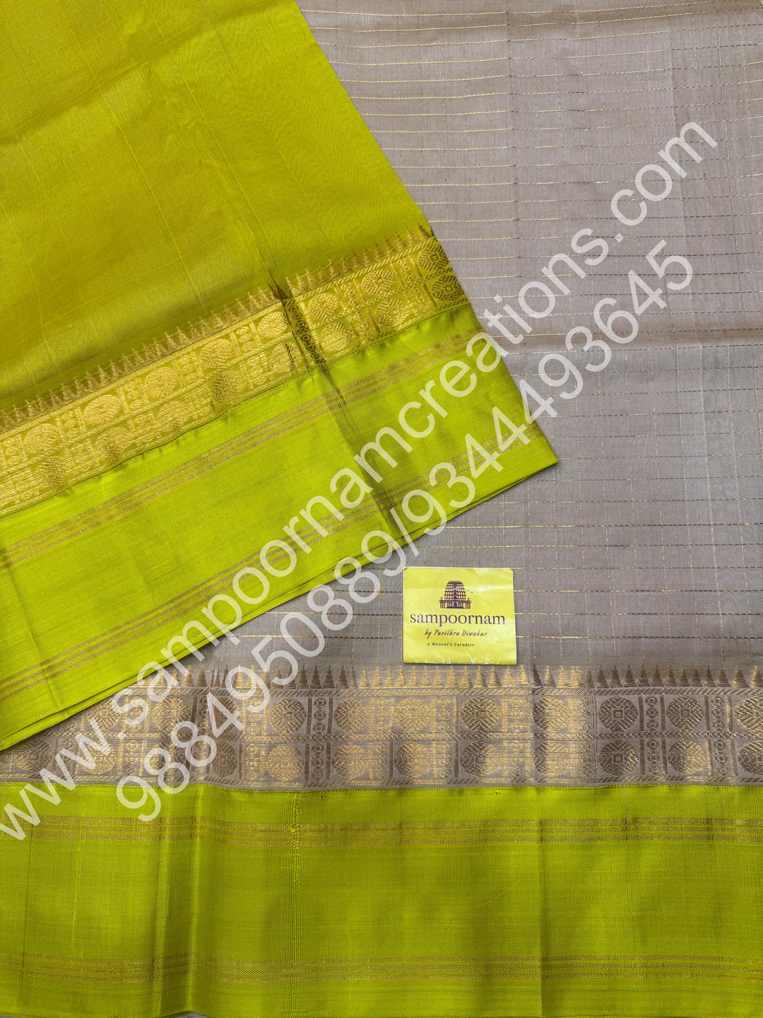 Beige with Lemon Yellow , Zari checks in the body and rettapet border, rich Pallu Korvai  Silk Cotton Saree