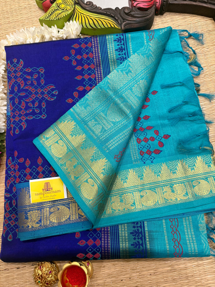 Dark Blue with Light Blue Kolam Handblock Printed Silk Cotton Saree
