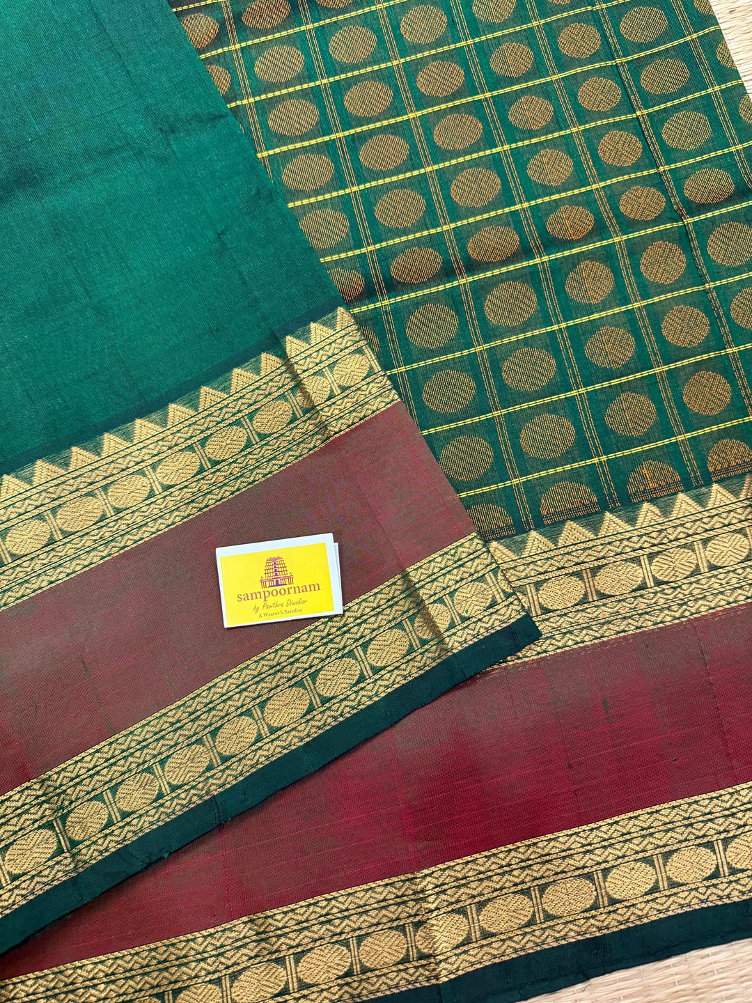 Mambazha Manjal with Green Podi Kattam  , traditional kanchi borders and rich Pallu Korvai Silk Cotton Saree