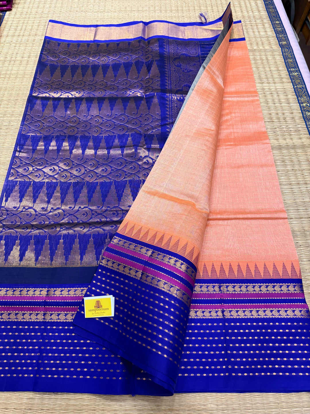 Peach  Pink with Blue , Lakshadeepam one side big border , Zari checks in the body and rich Pallu Korvai Silk Cotton Saree