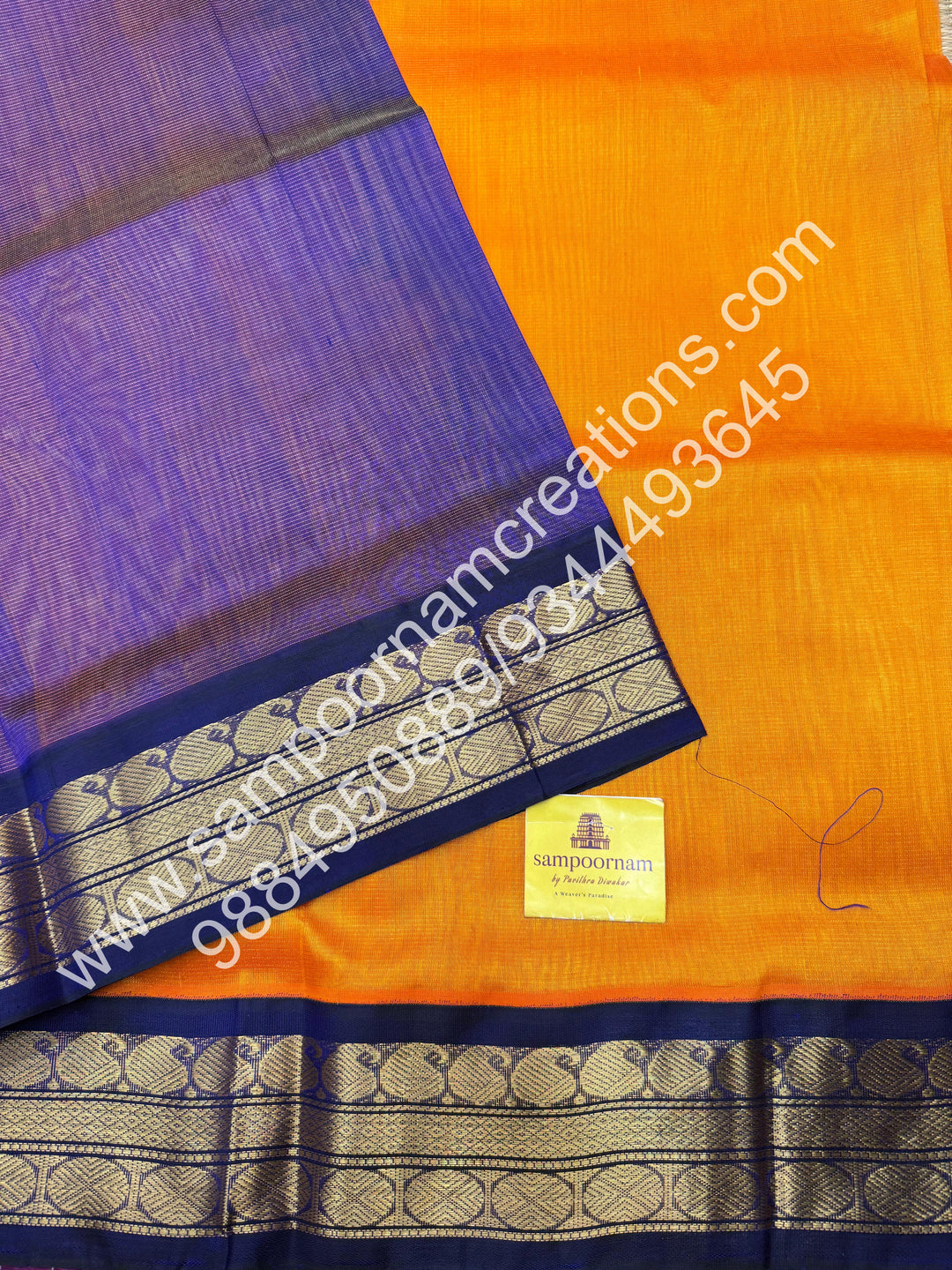 Mambazha Manjal with Dark Blue , Vairaoosi Zari Lines in the body , Traditional borders and rich Pallu Korvai Silk Cotton