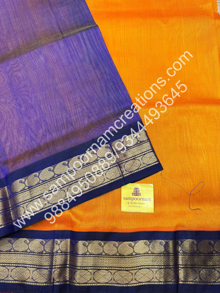 Mambazha Manjal with Dark Blue , Vairaoosi Zari Lines in the body , Traditional borders and rich Pallu Korvai Silk Cotton