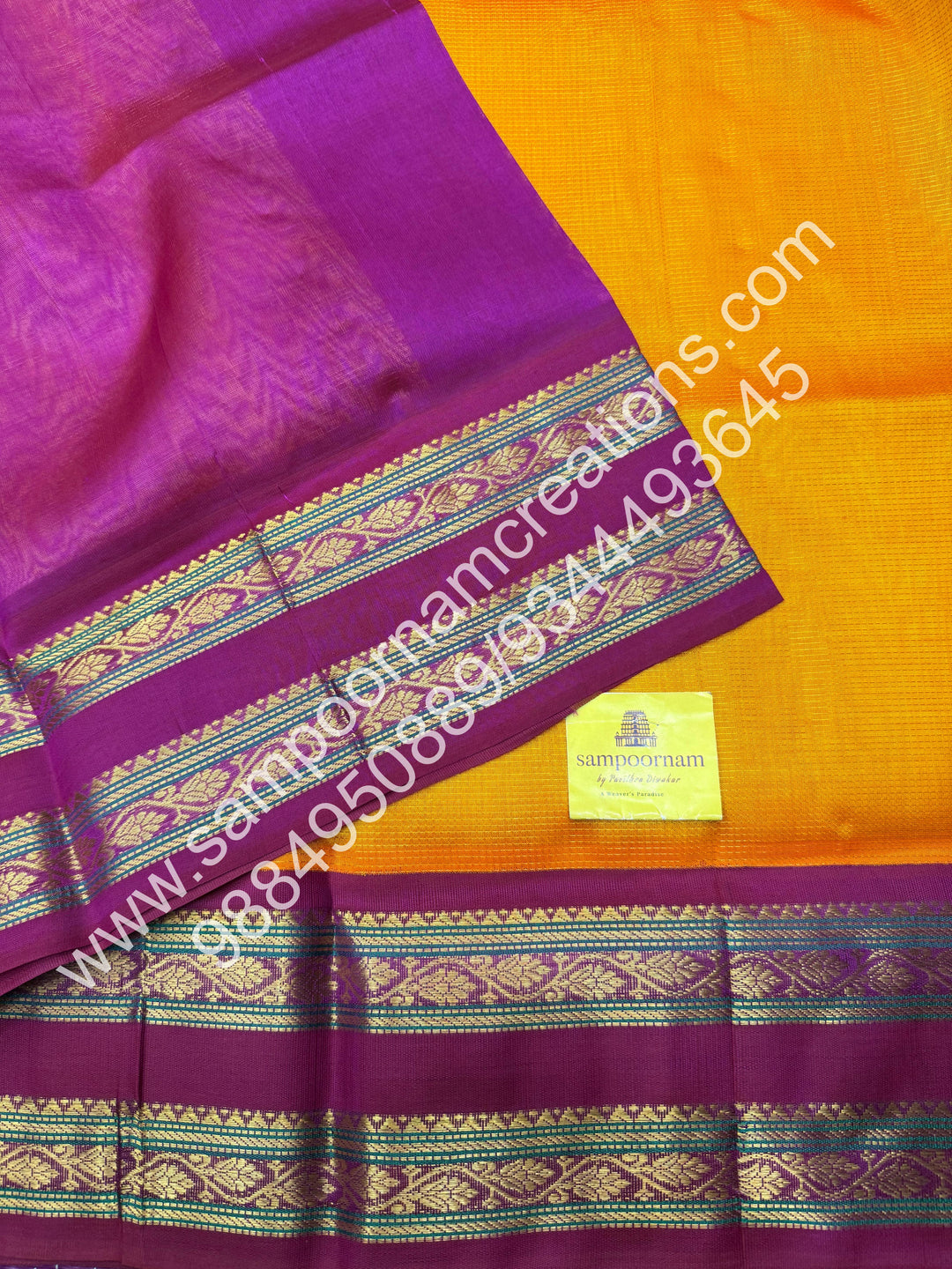 Mambazha Manjal with Magenta  , rich Zari Podi Kattam  in the body , traditional borders and rich Pallu Korvai Silk Cotton