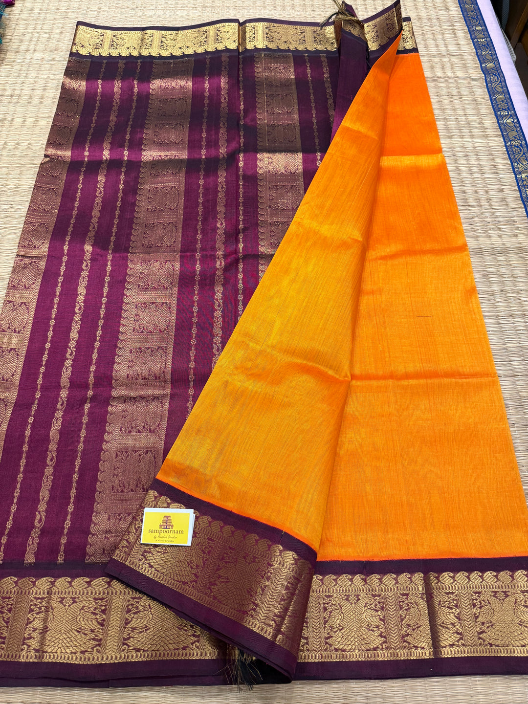 Mambazha Manjal with Araku , traditional borders and rich  Pallu Korvai Silk Cotton Saree