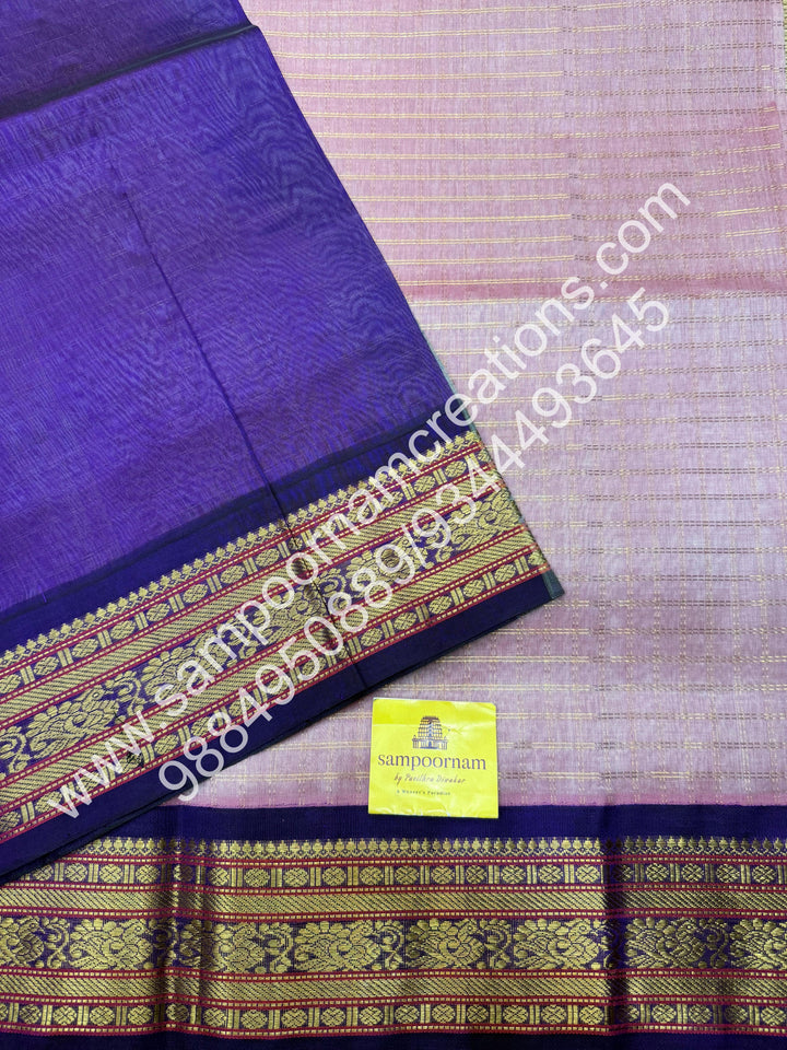 Baby Pink with Purple , rich Zari checks in the body , traditional borders and rich Pallu Korvai Silk Cotton