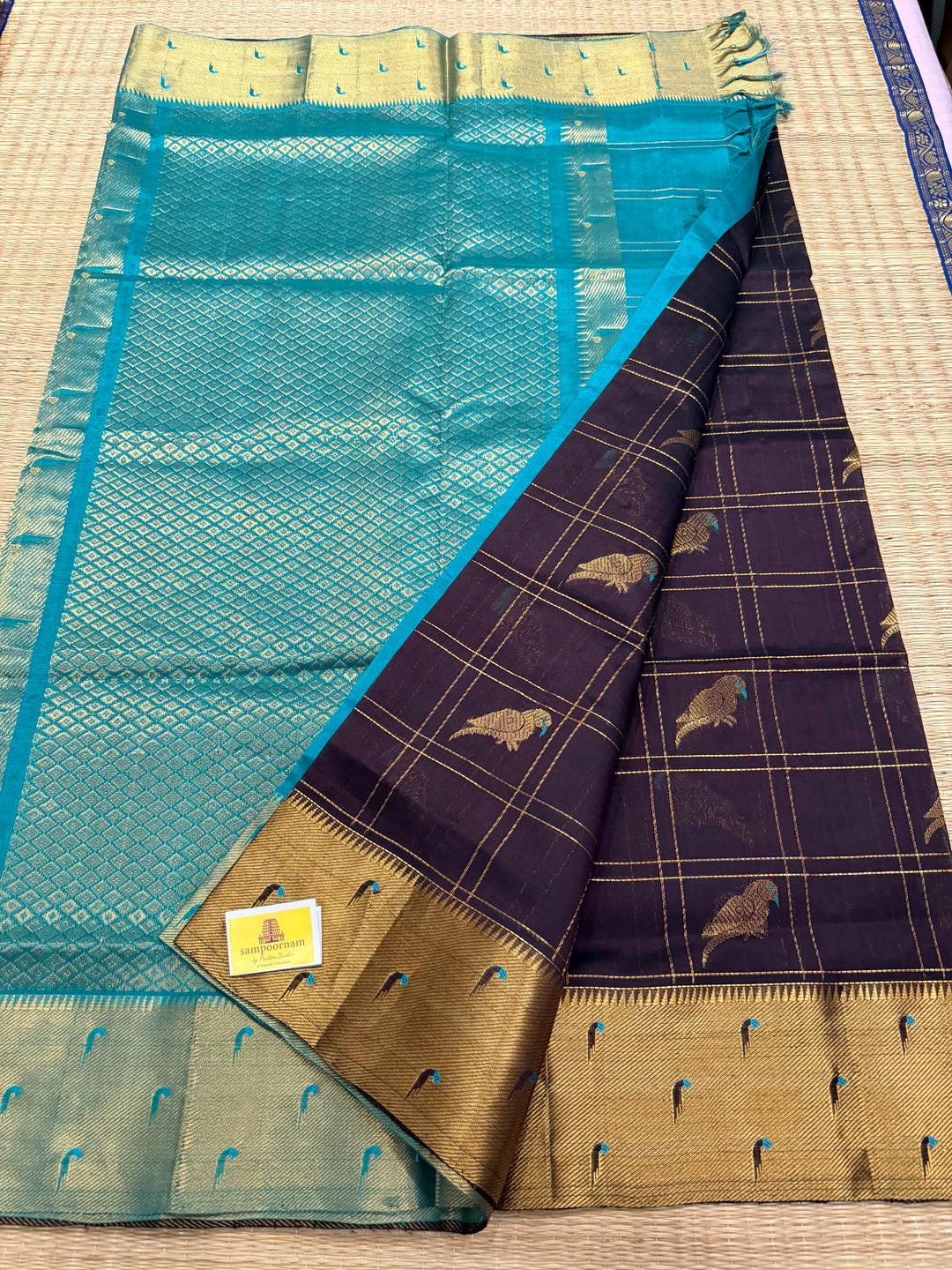 Brown with Turquoise Blue , Paithani borders , parrot motifs in the body , rich Pallu Korvai Silk Cotton Saree