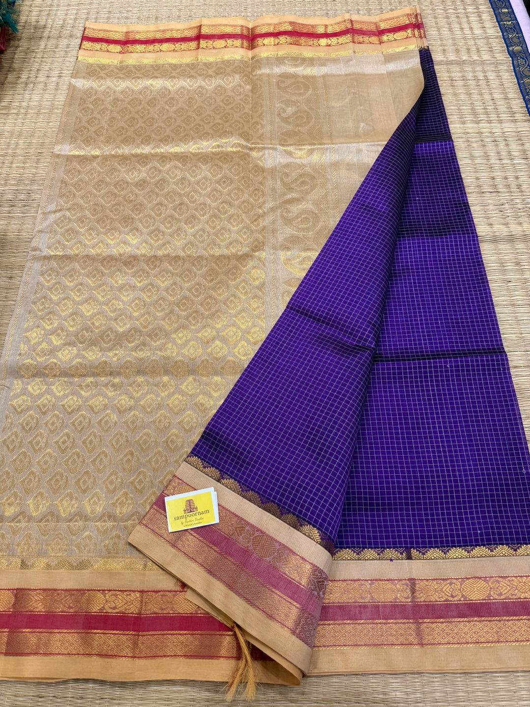 Purple with Biscuit colour , body kattam , traditional borders and rich Pallu Korvai Silk Cotton Saree