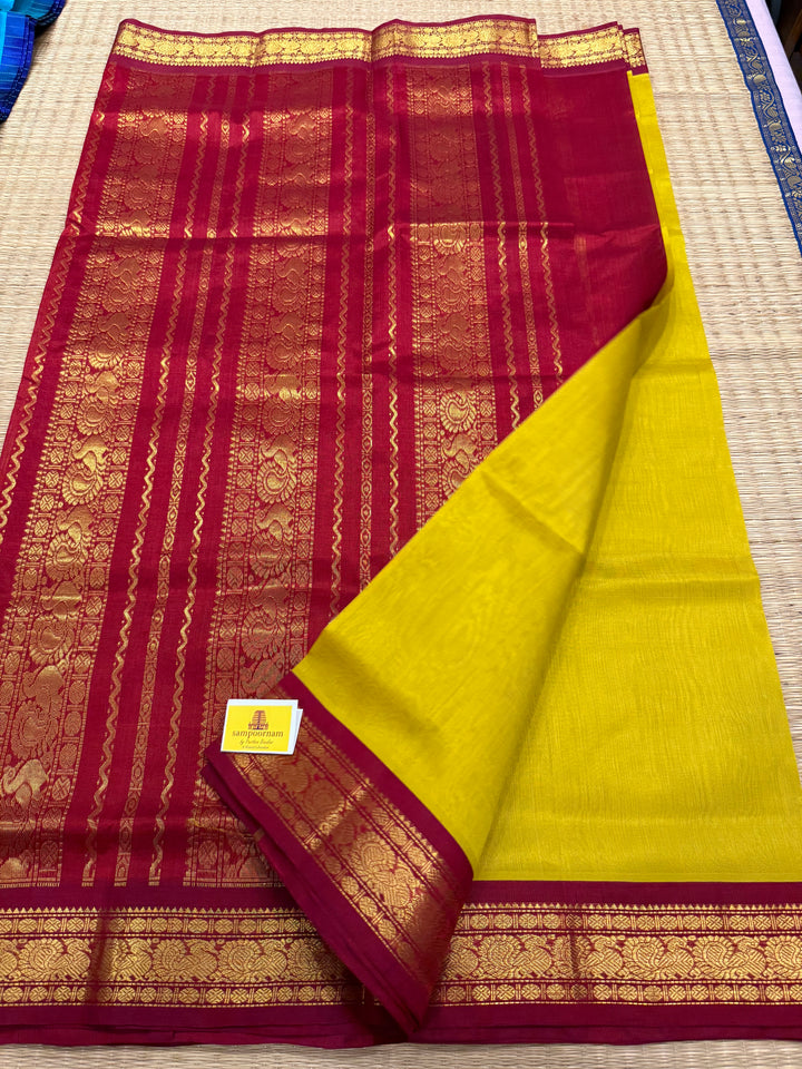 Dark Yellow with Red , traditional borders and rich  Pallu Korvai Silk Cotton Saree