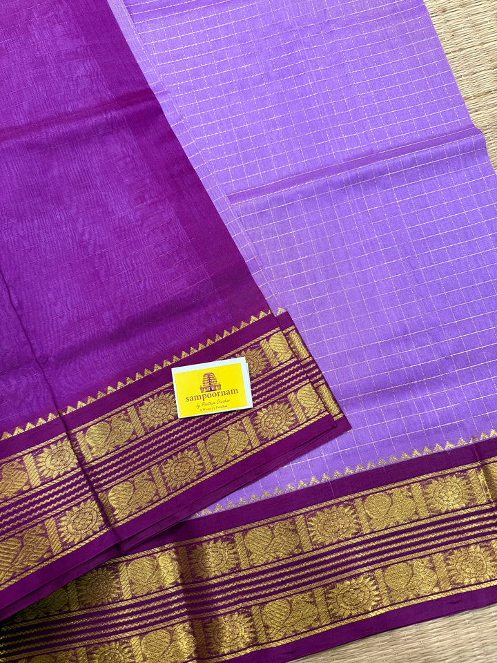 Lavender with Magenta, rich Zari checks in the body ,rettapet border and grand Pallu Korvai Silk Cotton Saree