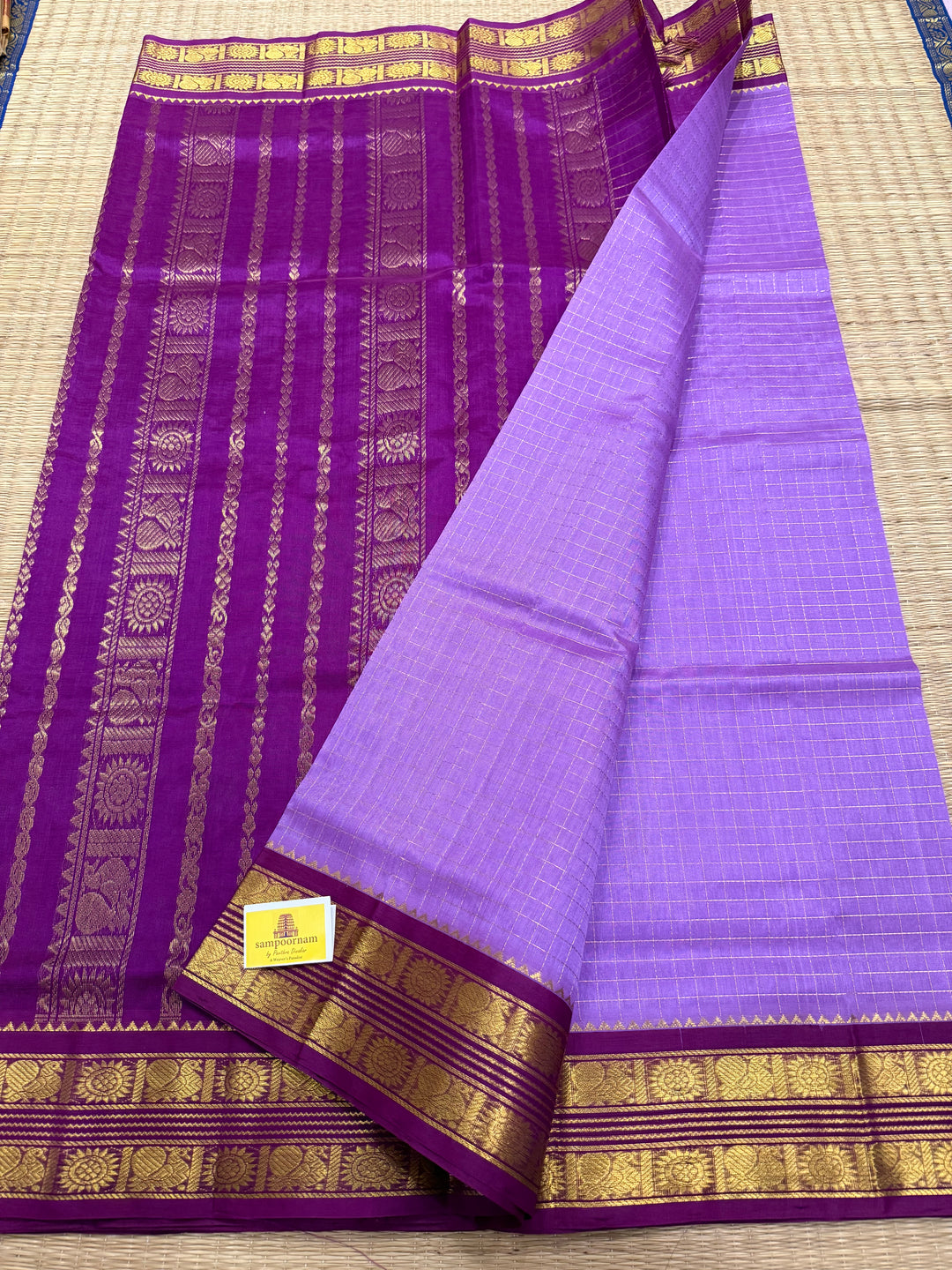 Lavender with Magenta, rich Zari checks in the body ,rettapet border and grand Pallu Korvai Silk Cotton Saree