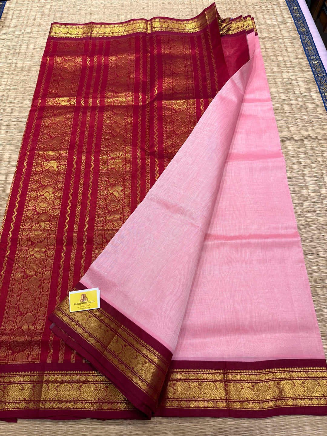 Onion Pink with Araku Traditional Borders and Rich Pallu , Korvai Silk Cotton Saree