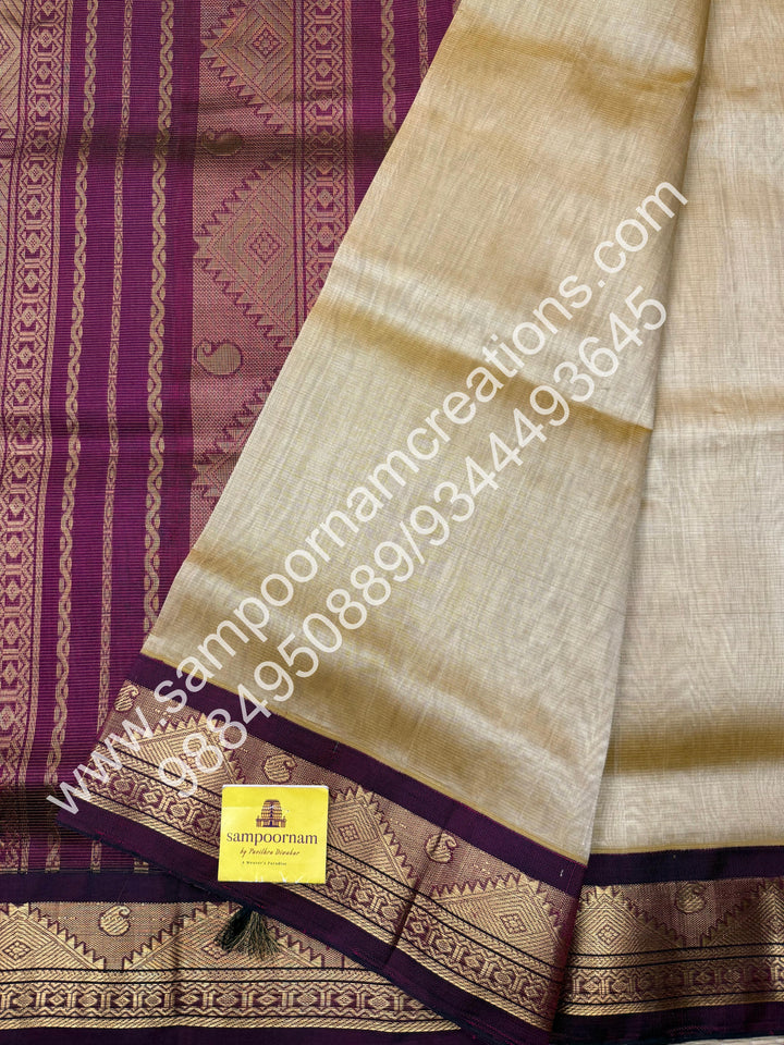 Gold with Wine , Vairaoosi Zari Lines in the body , Traditional borders and rich Pallu Korvai Silk Cotton