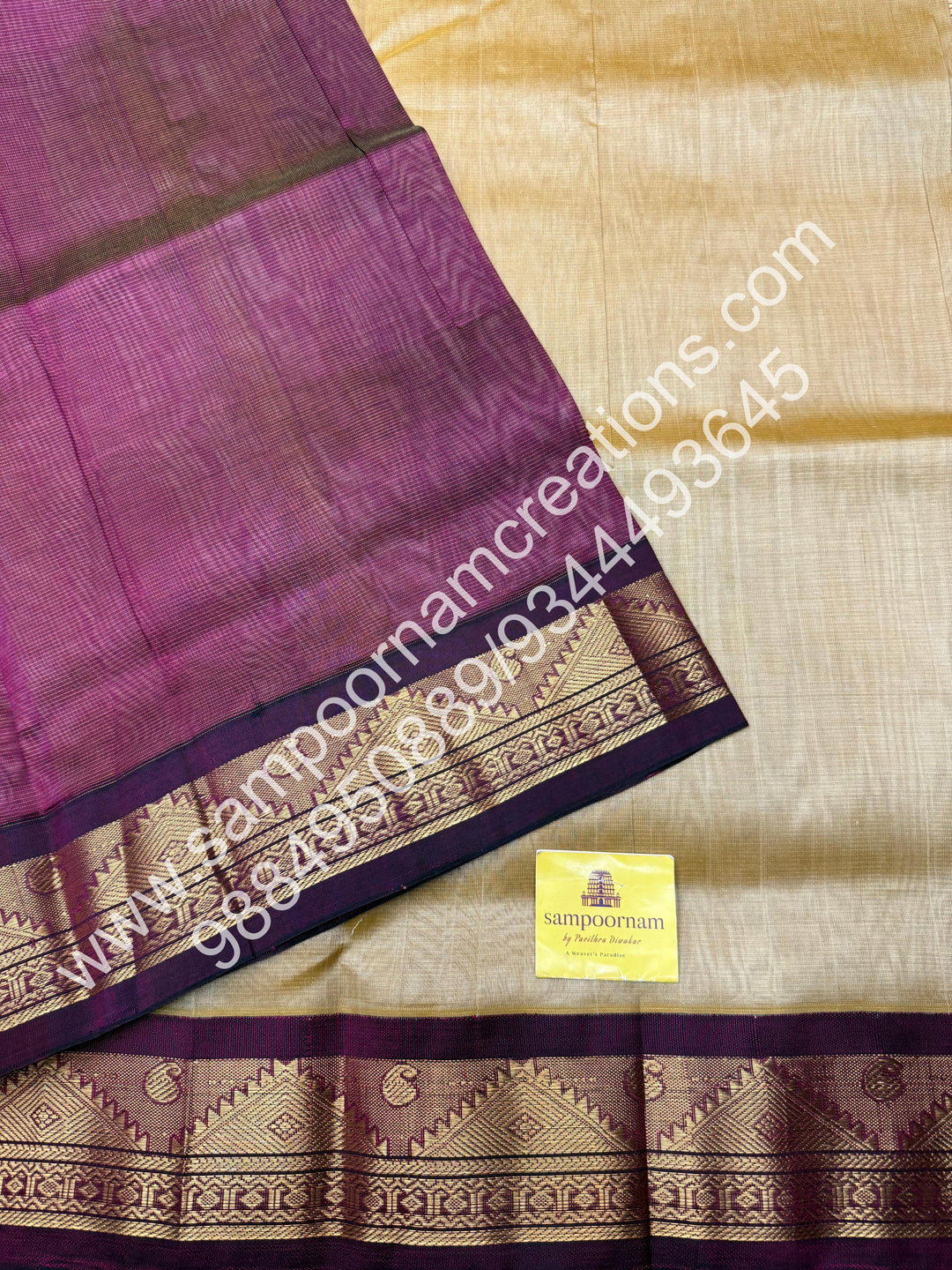 Gold with Wine , Vairaoosi Zari Lines in the body , Traditional borders and rich Pallu Korvai Silk Cotton