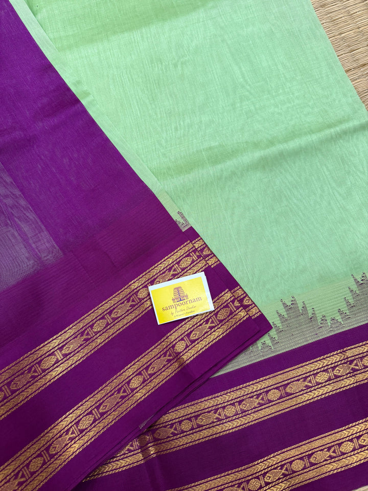 Pastel Green with Purple , rettapet temple border and rich Pallu Korvai Silk Cotton Saree