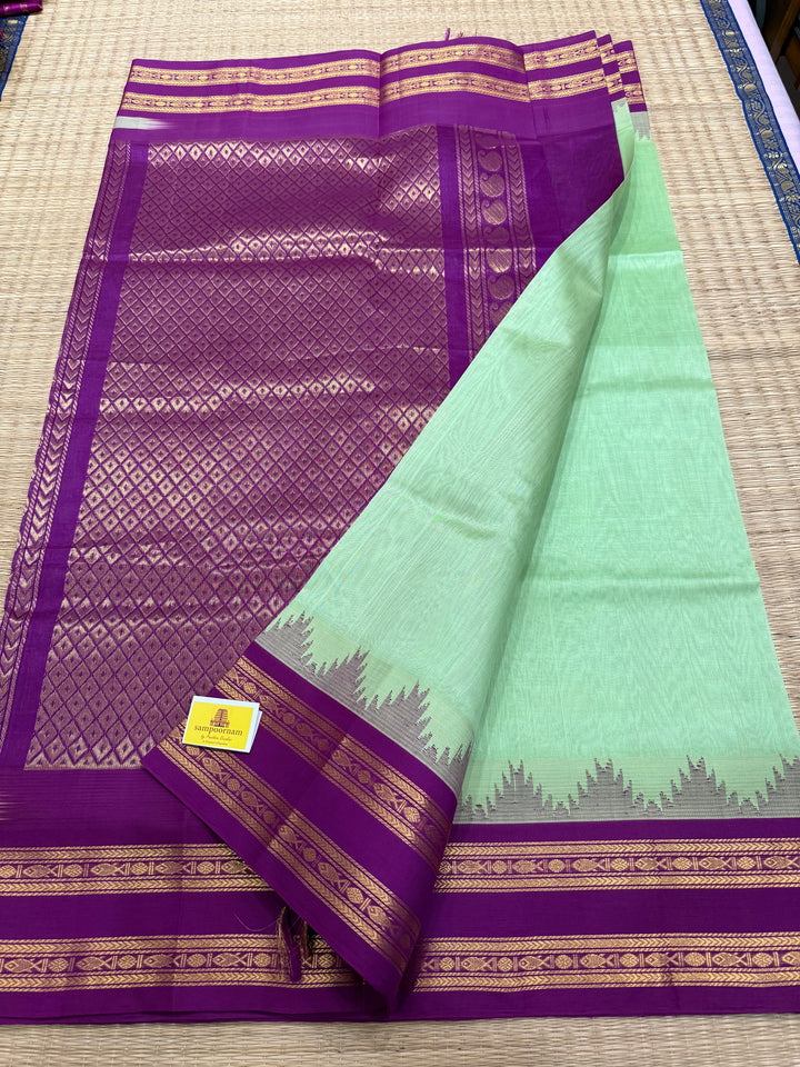 Pastel Green with Purple , rettapet temple border and rich Pallu Korvai Silk Cotton Saree