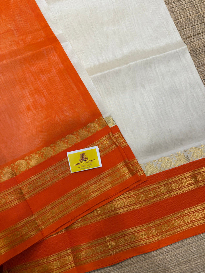 Offwhite with Orange , rettapet traditional border rich Pallu Korvai Silk Cotton Saree