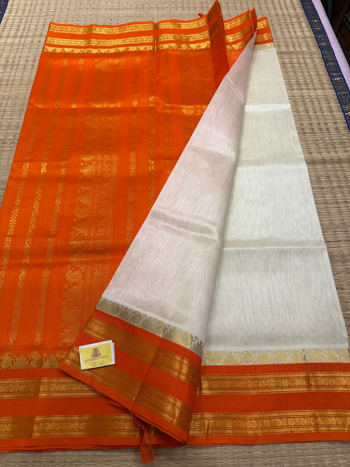 Offwhite with Orange , rettapet traditional border rich Pallu Korvai Silk Cotton Saree