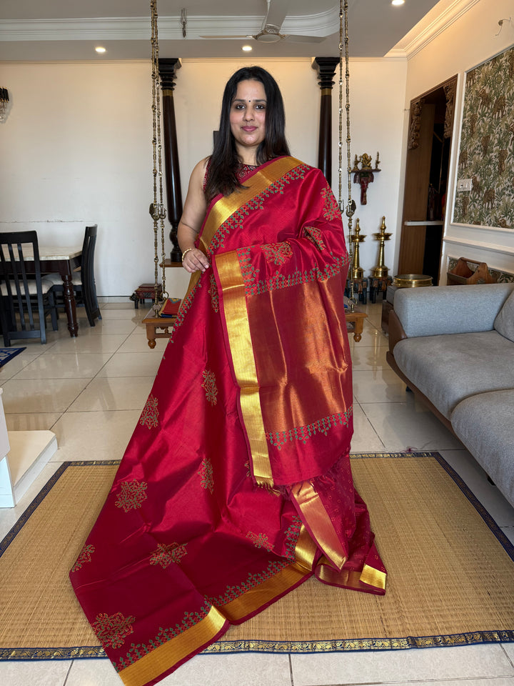 Red Kolam Handblock Printed Silk Cotton Saree