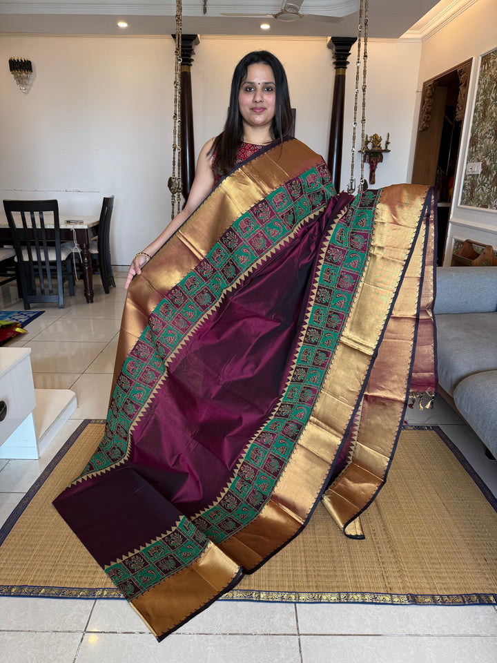Dark Maroon with Rich Tissue Border and Pallu, Annam and Elephant Handblock Prints in the Border, Silk Cotton Saree