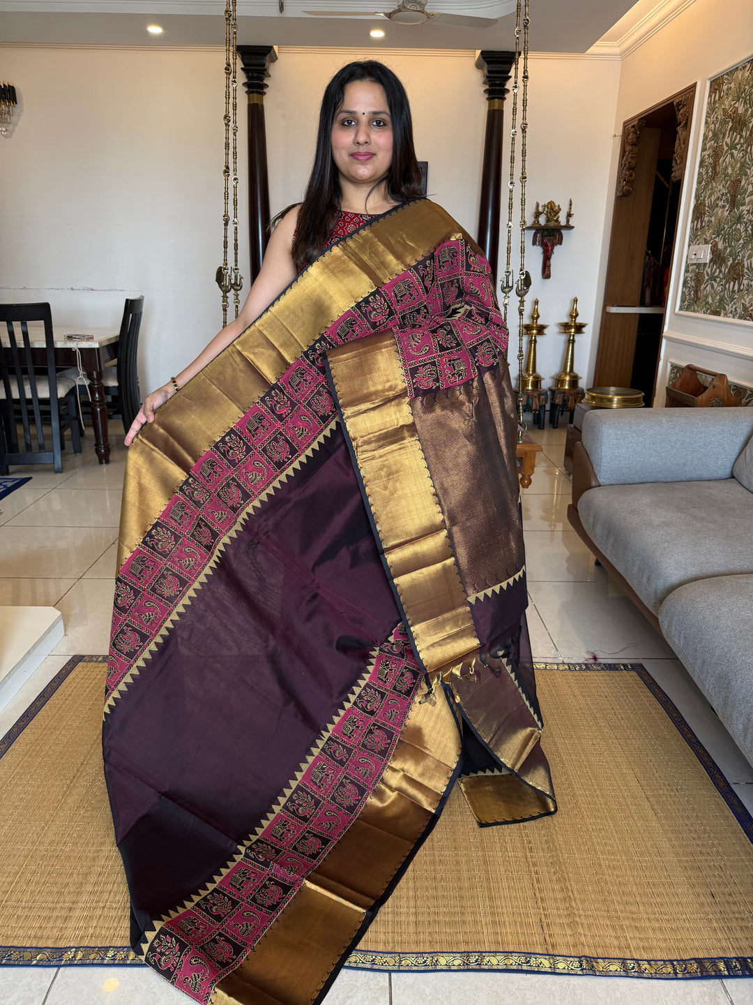 Brown with Tissue Border and Pallu with Annam and Elephant Handblock Print in the Borders Silk Cotton Saree