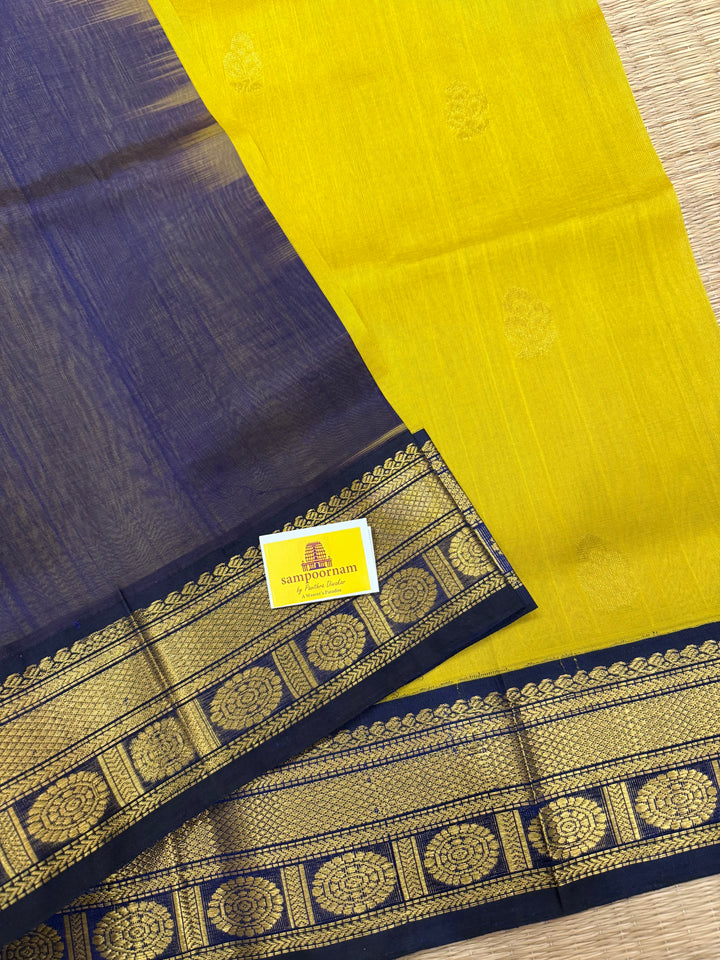 Lemon Yellow with Blue , rich body butta , traditional borders and rich  Pallu Korvai Silk Cotton Saree