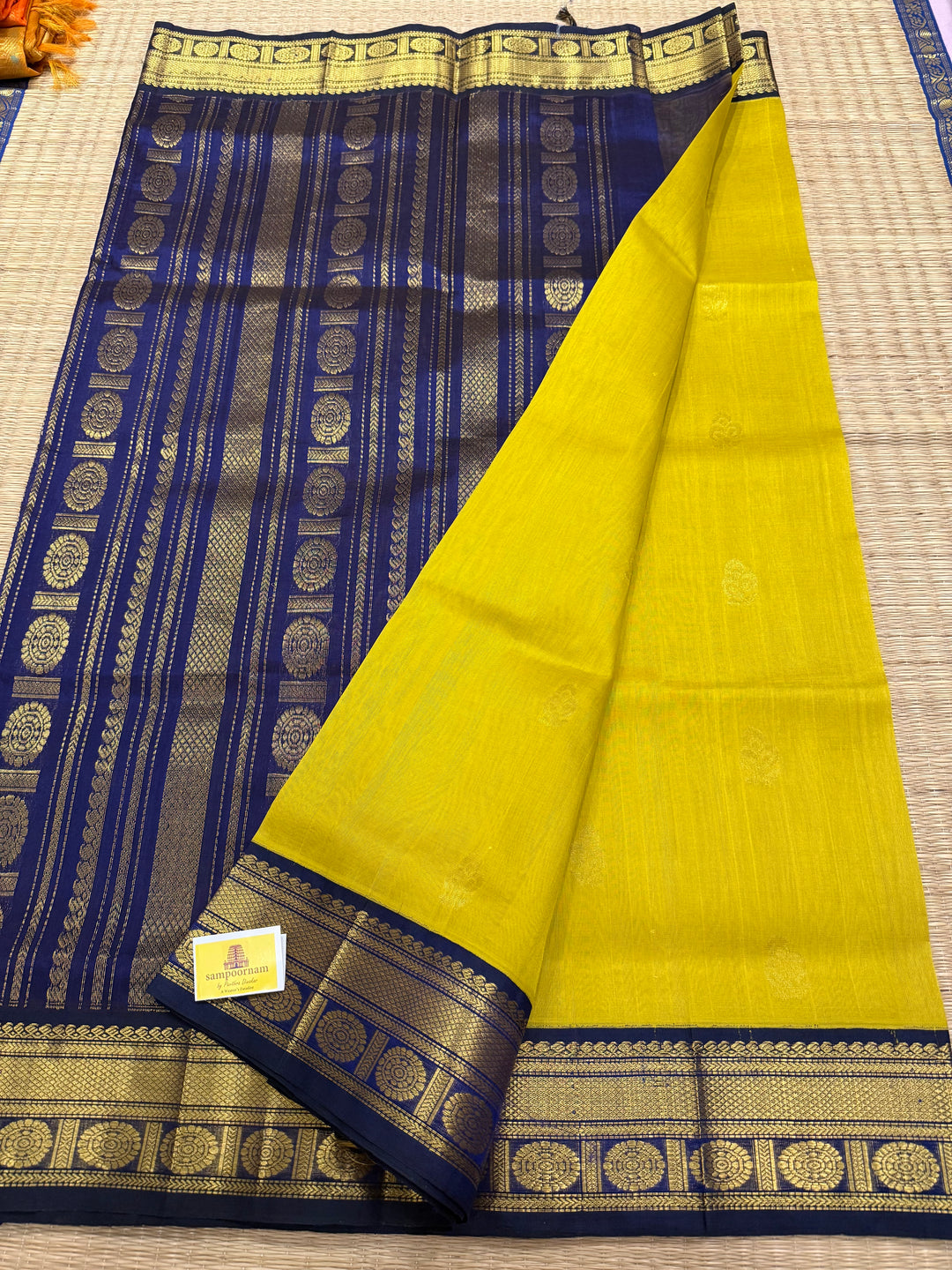 Lemon Yellow with Blue , rich body butta , traditional borders and rich  Pallu Korvai Silk Cotton Saree