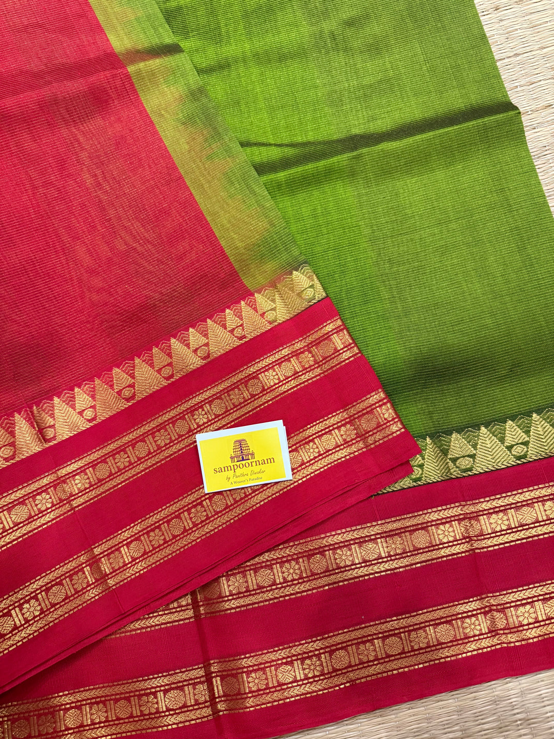 Green with Red  Vairaoosi Zari Lines in the body traditional borders and rich pallu korvai silk cotton saree