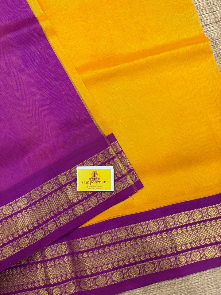 Mambazha Manjal with Purple , traditional borders and , rich Pallu Korvai Silk Cotton Saree