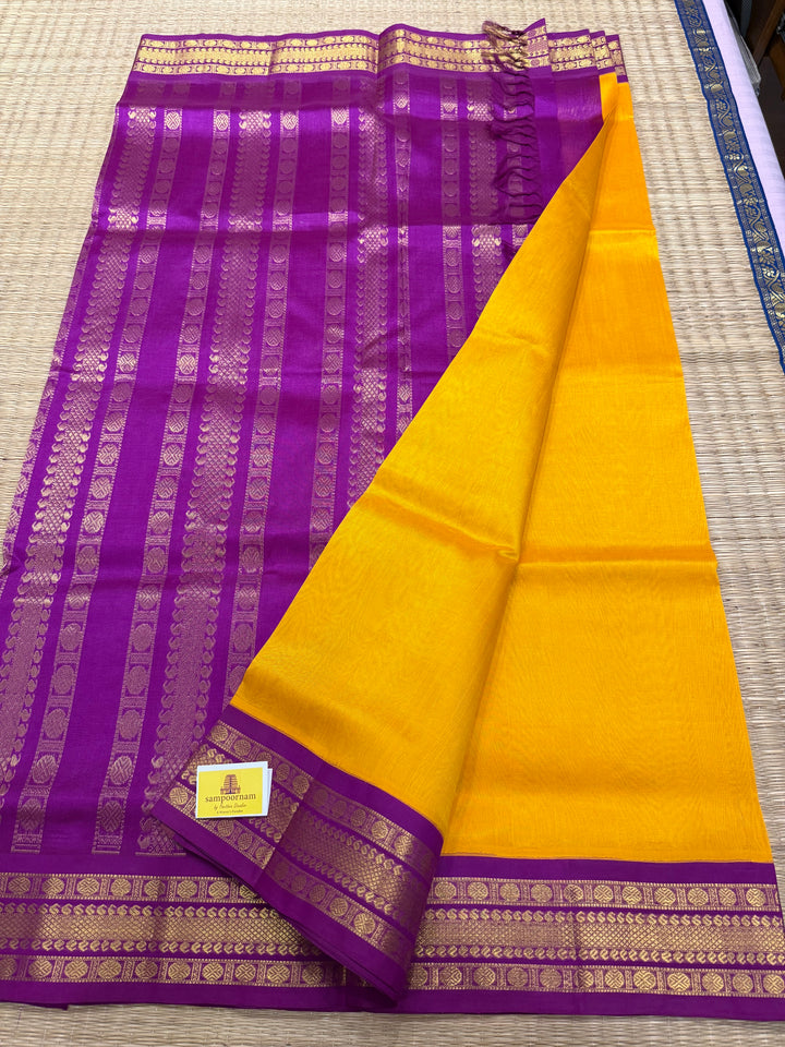 Mambazha Manjal with Purple , traditional borders and , rich Pallu Korvai Silk Cotton Saree