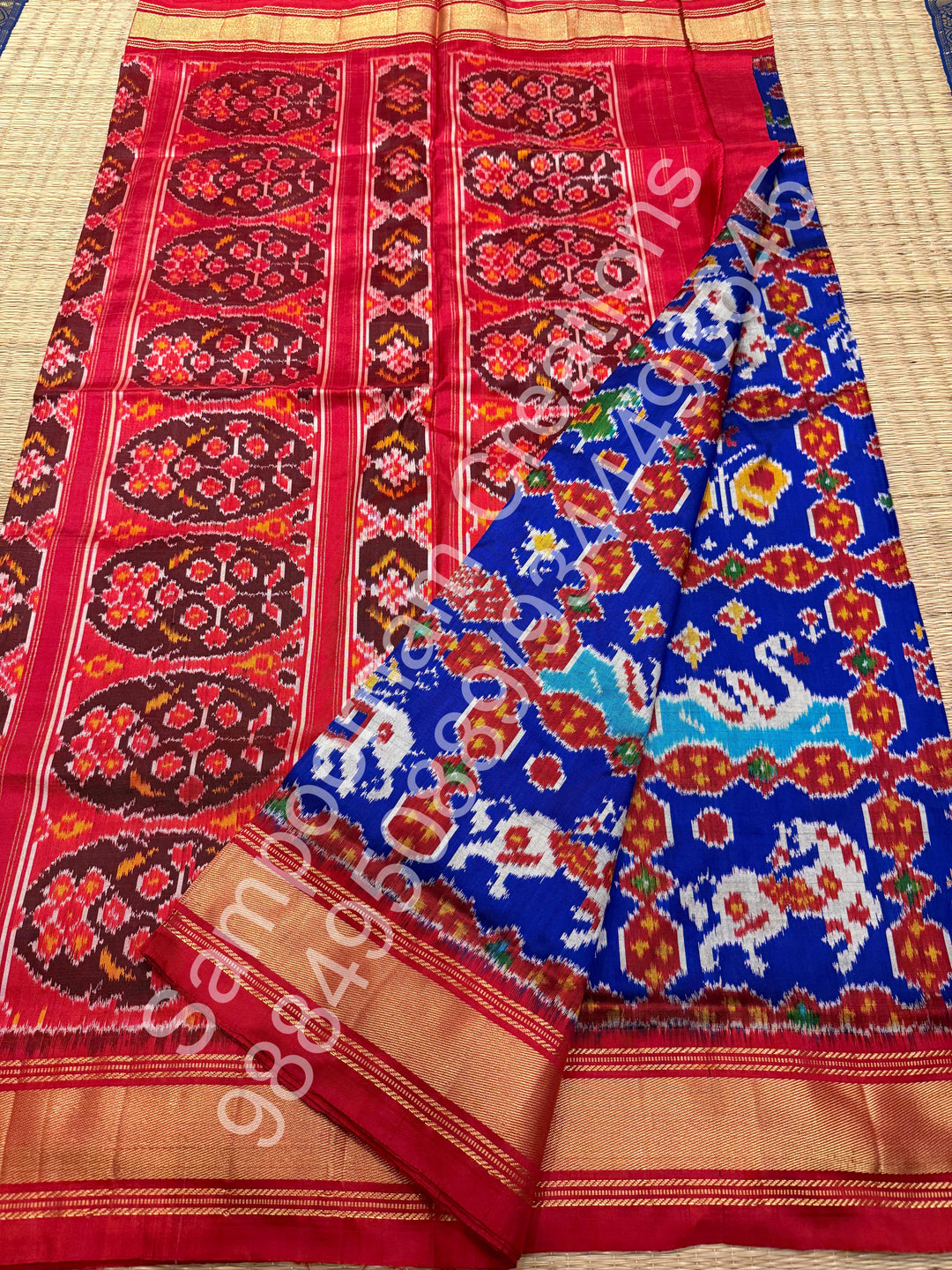 A Stunning Blue with Red saree with rich traditional border and Pochampally designs all over body and Grand Pallu , Pochampally Pure Silk Saree
