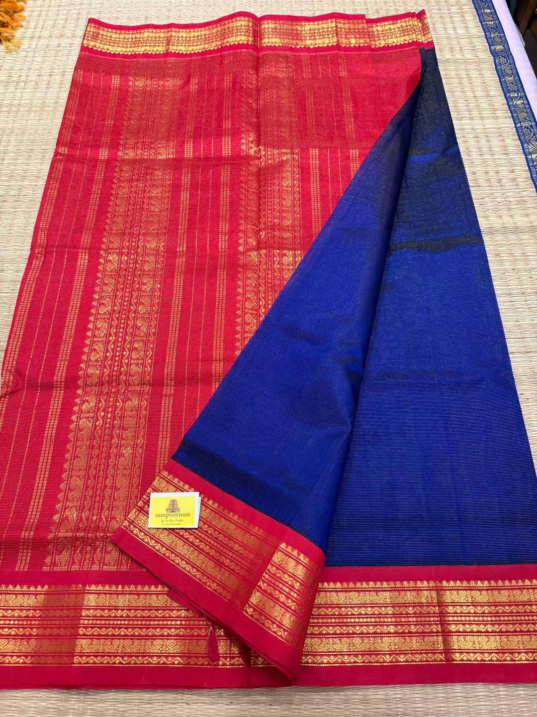 Royal Blue with Red  Vairaoosi Zari Lines in the body traditional borders and rich pallu korvai silk cotton saree