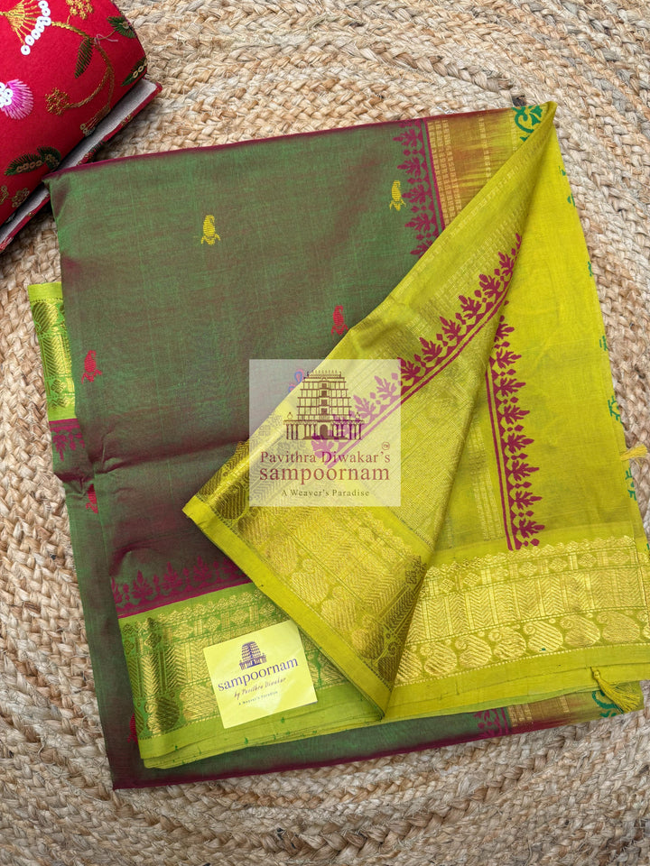 Manthulir Green with Lemon Yellow , Zari butta in the body and Terracotta Horse Handblock printed Sillk Cotton Saree