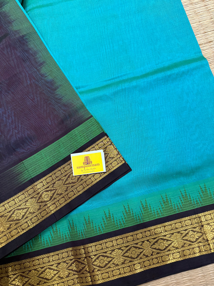 Blue with Brown Temple traditional borders and Rich pallu korvai silk cotton saree