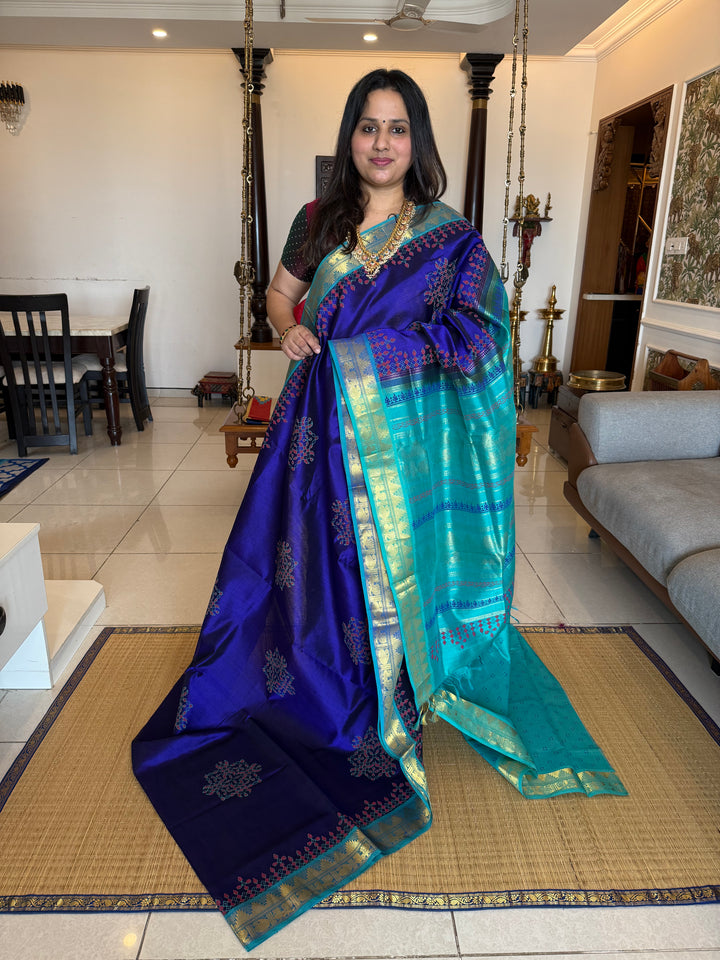 Dark Blue with Light Blue Kolam Handblock Printed Silk Cotton Saree