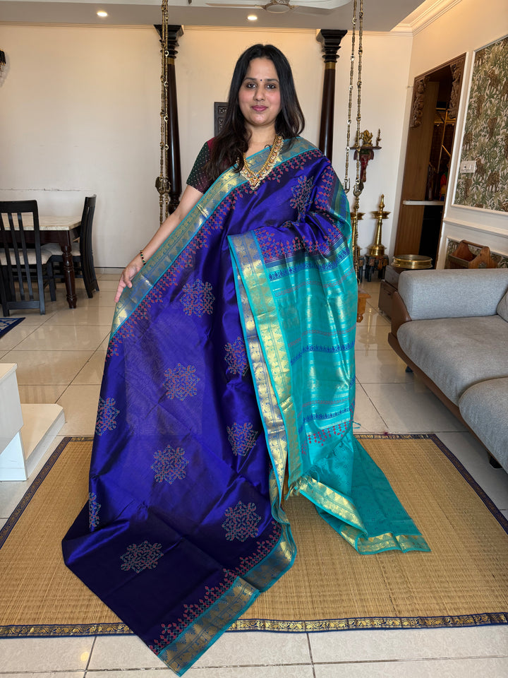 Dark Blue with Light Blue Kolam Handblock Printed Silk Cotton Saree