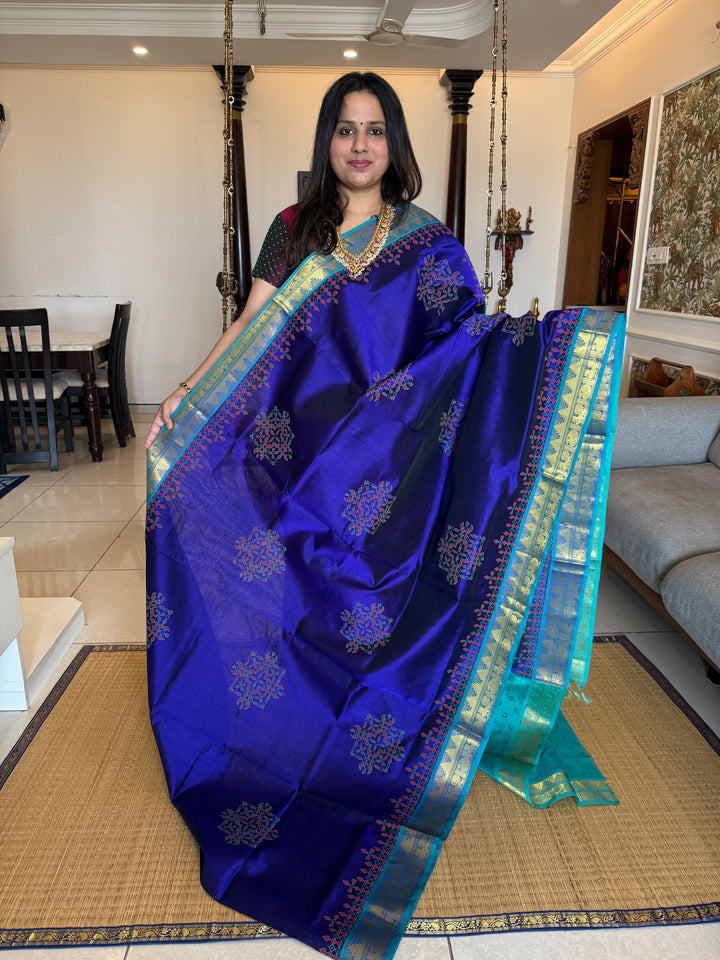 Dark Blue with Light Blue Kolam Handblock Printed Silk Cotton Saree