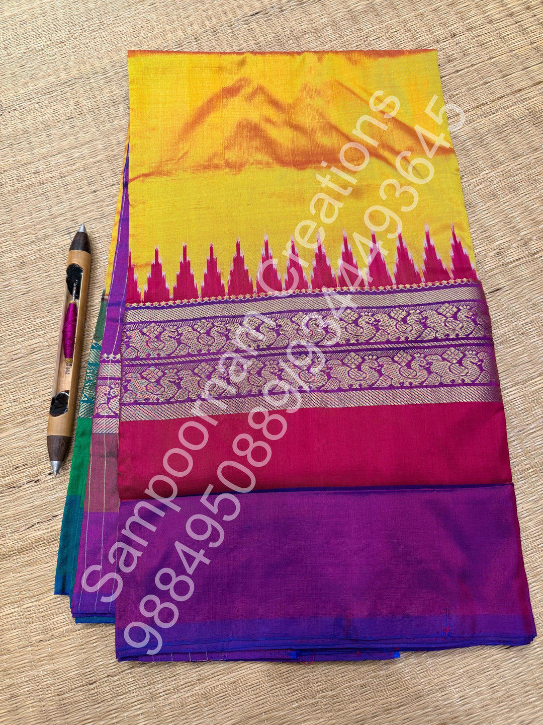 Dark Yellow , Ganga Jamuna Kanchi rich border and Ikkat Pallu with designer Ikkat  printed Blouse , Pochampally Pure Silk Saree