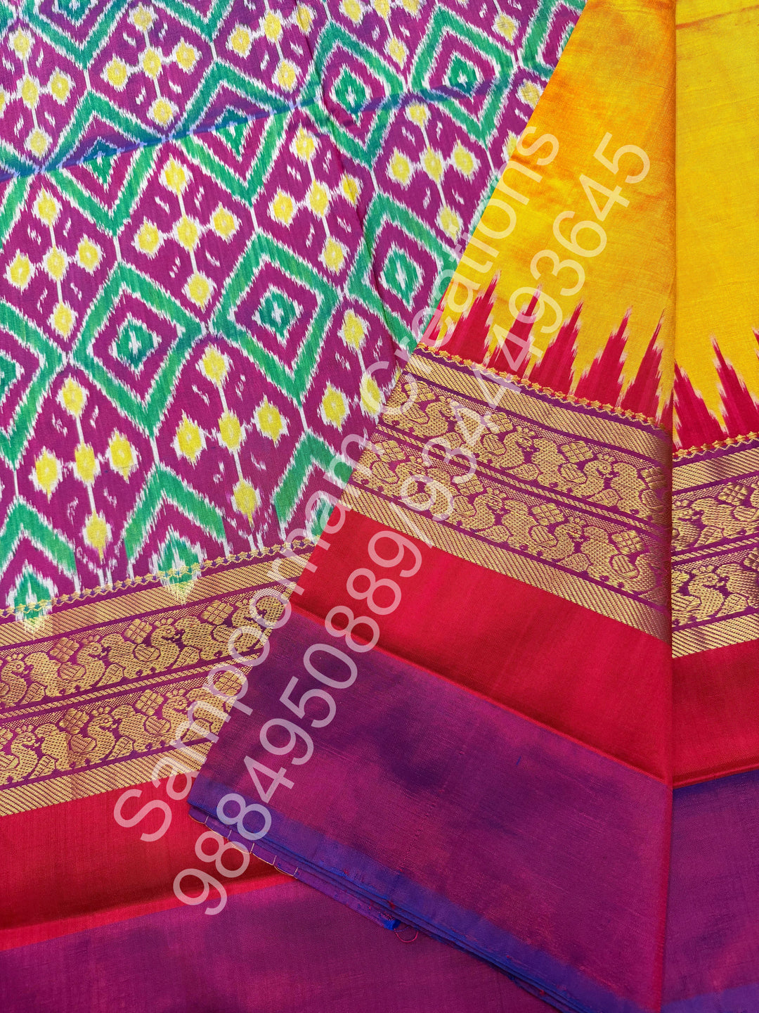 Dark Yellow , Ganga Jamuna Kanchi rich border and Ikkat Pallu with designer Ikkat  printed Blouse , Pochampally Pure Silk Saree