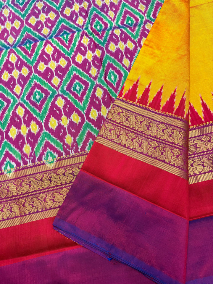 Dark Yellow , Ganga Jamuna Kanchi rich border and Ikkat Pallu with designer Ikkat  printed Blouse , Pochampally Pure Silk Saree